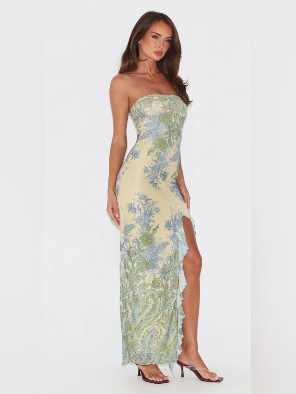 Commense Strapless Floral Midi Dress in Pale Yellow and Light Blue